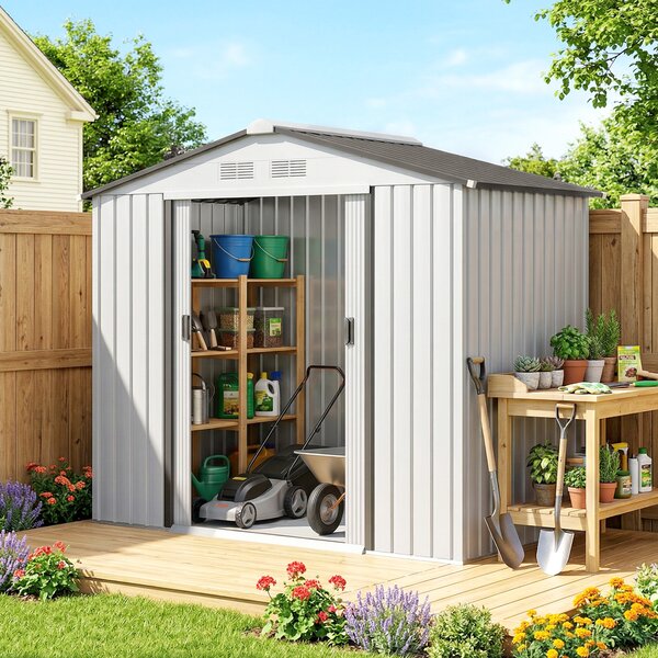Outsunny Casetta Porta Utensili in Acciaio, Capanno da Giardino con Porte Scorrevoli, 213x130x185 cm, Bianco|Aosom