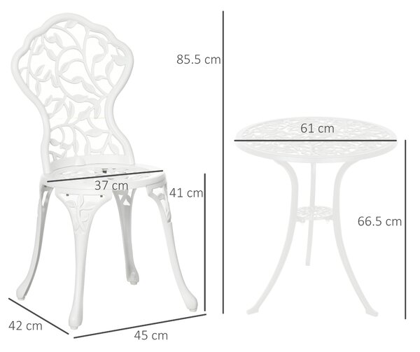 Outsunny Set da Giardino 3 Pezzi in Alluminio Bianco, 2 Sedie da Esterno 45x42x85.5 cm e Tavolino Rotondo Ø61x66.5 cm|Aosom