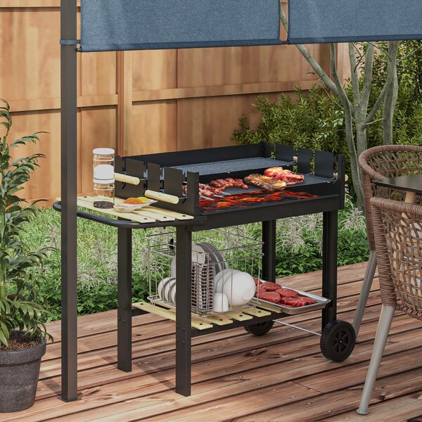 Outsunny Barbecue a Carbonella ad Altezza Regolabile con 2 Griglie e 2 Ripiani, in Metallo e Legno, 113x53.5x82.5 cm, Nera
