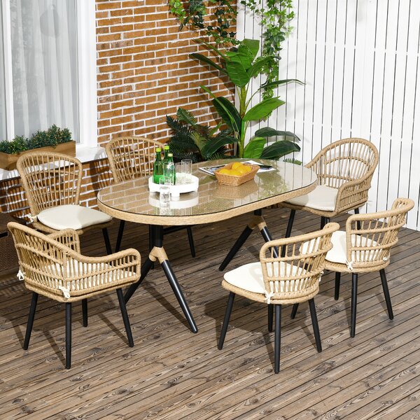Outsunny Set da Giardino 7 Pezzi in Rattan PE con Tavolo da Pranzo 153x89x74 cm e 6 Sedie 52x62x78 cm con Cuscini | Aosom Italy