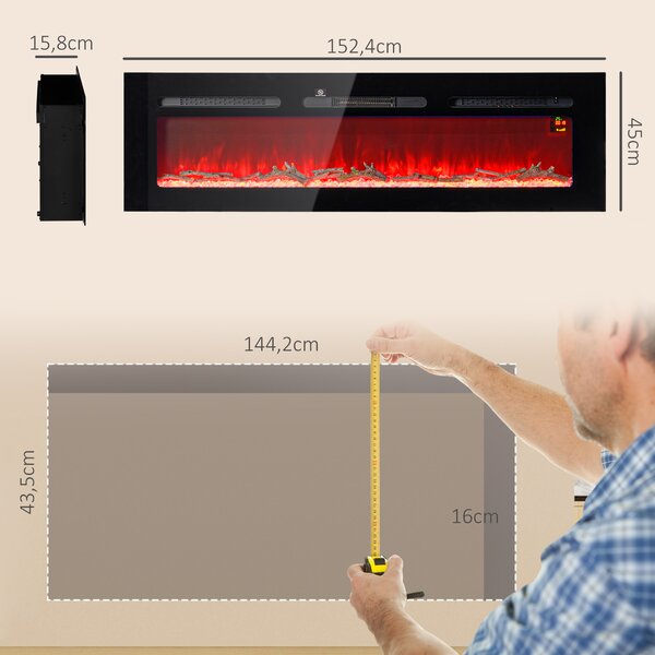 HOMCOM Camino Elettrico 1800W Regolabile con Telecomando, in Acciaio e Vetro Temperato, 152.4x15.8x45 cm, Nero