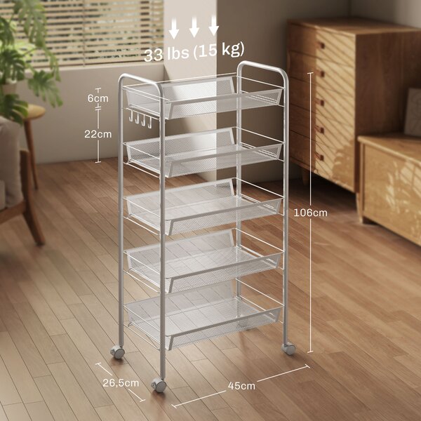 HOMCOM Carrello da Cucina Salvaspazio a 5 Livelli con Cestini a Rete in Acciaio, 45x26.5x106cm, Bianco