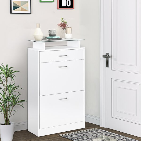 HOMCOM Scarpiera Moderno con 2 Ante ribaltabili a 2 Livelli e Cassetto, in Legno con ripiano superiore in vetro, 60x24x105.5cm, Bianco|Aosom Italy