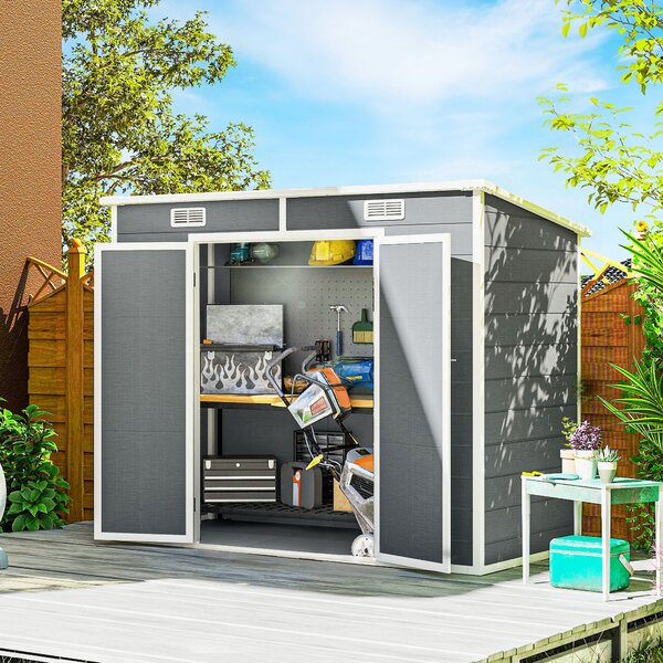 Outsunny Casetta da Giardino in Resina con Pavimento, 2 Porte con Blocco, Finestra, 2.4 x 1.3 m, Grigio | Aosom Italy