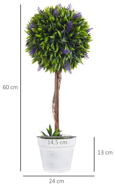HOMCOM Set 2 Piante Artificiali Verdi a Sfera con Fiori di Lavanda e Vaso con Muschio e Cemento, Ø24x60 cm