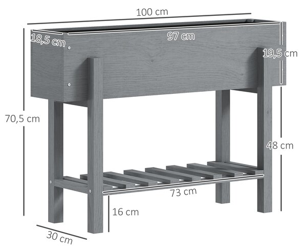 Outsunny Fioriera Rialzata con Ripiano Inferiore e 2 Fori di Drenaggio, in Legno di Abete, 100x30x70.5 cm, Grigio