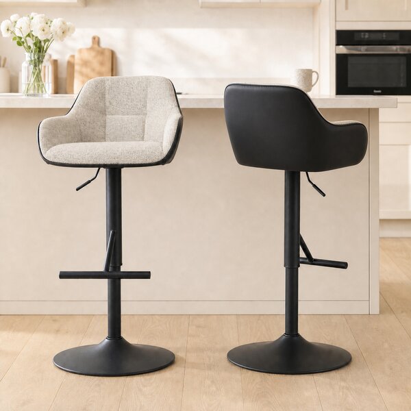 HOMCOM Set 2 Sgabelli cucina Imbottiti ad Altezza Regolabile con Schienale e Braccioli, 52.5x53x86.5-108 cm, Nero Grigio Chiaro |Aosom Italy