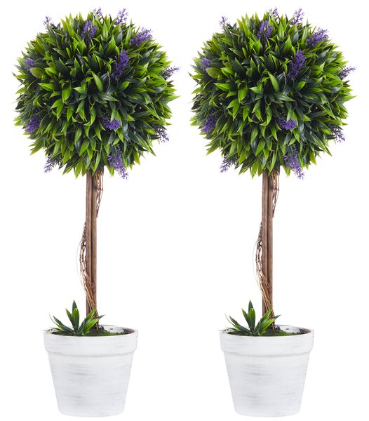 HOMCOM Set 2 Piante Artificiali Verdi a Sfera con Fiori di Lavanda e Vaso con Muschio e Cemento, Ø24x60 cm