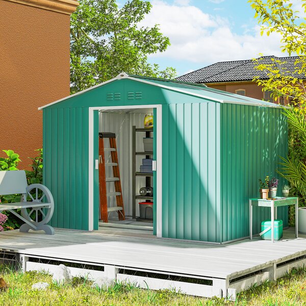 Outsunny Casetta da Giardino Porta Attrezzi in Acciaio con Tetto Inclinato e 2 Porte Scorrevoli, 277x195x192 cm, Verde Scuro | Aosom Italy