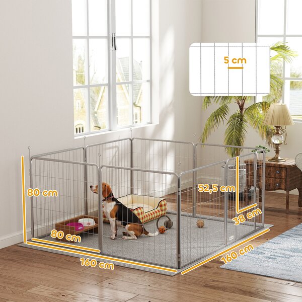 PawHut Recinto per Cani a 8 Pannelli Modulabili Pieghevole con Porta in Acciaio, Altezza 80 cm, Argento