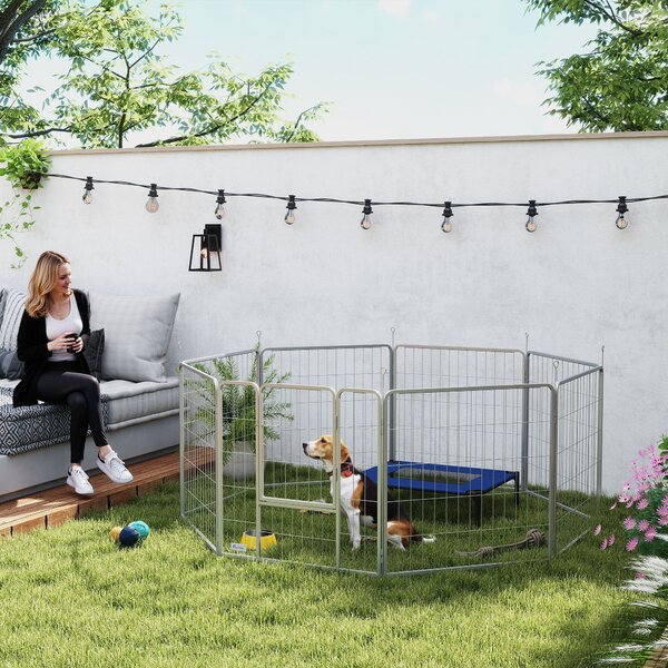 PawHut Recinto per Cani a 8 Pannelli Modulabili Pieghevole con Porta in Acciaio, Altezza 80 cm, Argento