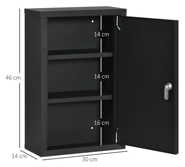 Kleankin Armadietto Medicinali con 3 Mensole e Blocco con Chiavi in Acciaio, 30x14x46cm, Nero | Aosom Italy