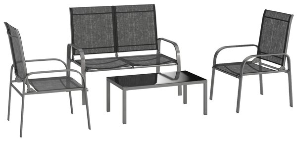 Outsunny Set da Esterno 4pz con Tavolino, 2 Sedie e Divanetto con Schienale Regolabile, in Acciaio e Textilene Nero