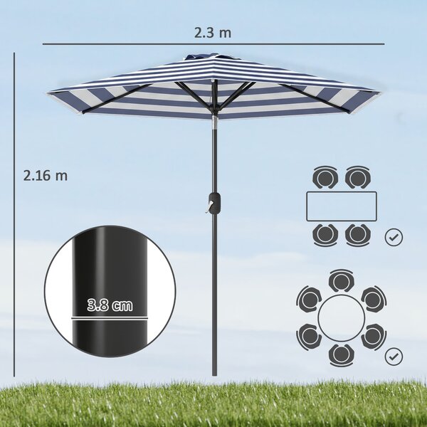 Outsunny Ombrellone da Giardino Inclinabile Φ230cm, Apertura a Manovella, Palo in Metallo e 6 Stecche, Blu e Bianco