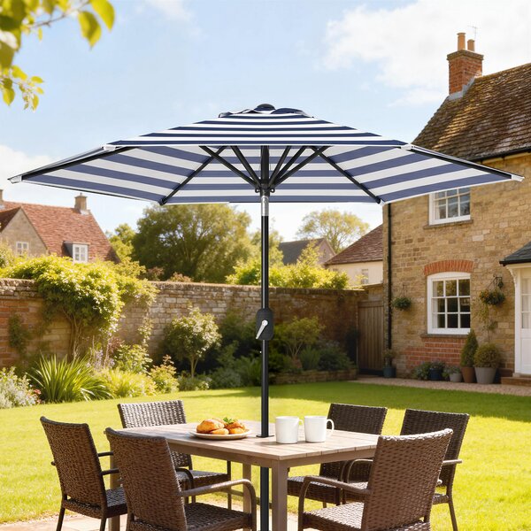 Outsunny Ombrellone da Giardino Inclinabile Φ230cm, Apertura a Manovella, Palo in Metallo e 6 Stecche, Blu e Bianco