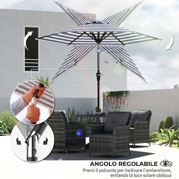 Outsunny Ombrellone da Giardino Inclinabile Φ230cm, Apertura a Manovella, Palo in Metallo e 6 Stecche, Blu e Bianco