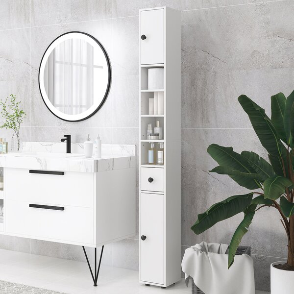 Kleankin Mobile Colonna Bagno con Cassetto, 2 Armadietti e 4 Ripiani Aperti, in Legno, 20x20x180 cm, Bianco | Aosom Italy