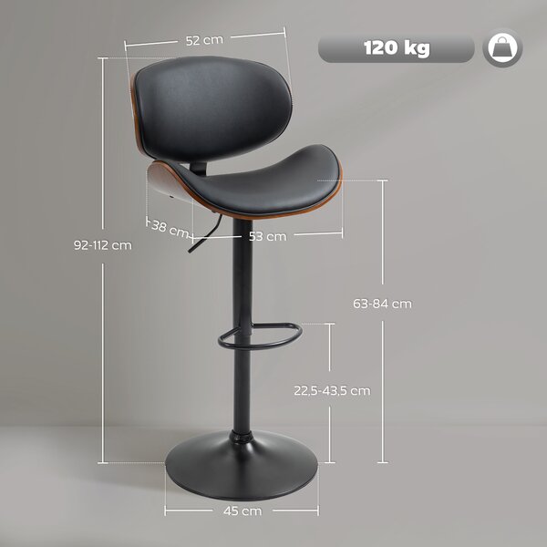 HOMCOM Set 2 Sgabelli da Bar con Schienale Regolabili in Altezza, Legno e Finta Pelle, 53x52x92-112 cm, Nero | Aosom Italy