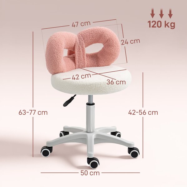 HOMCOM Sgabello Girevole ad Altezza Regolabile con Schienale ad Arco, in Tessuto Teddy, 50x50x63-77 cm, Bianco e Rosa | Aosom Italy