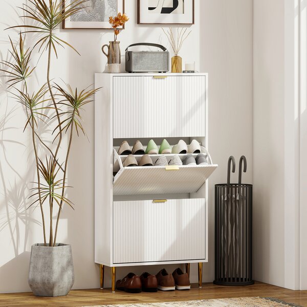HOMCOM Scarpiera Slim per 18 Paia di Scarpe con 3 Cassetti a Ribalta e Ripiani Regolabili, 60x24x128 cm, Bianco | Aosom Italy