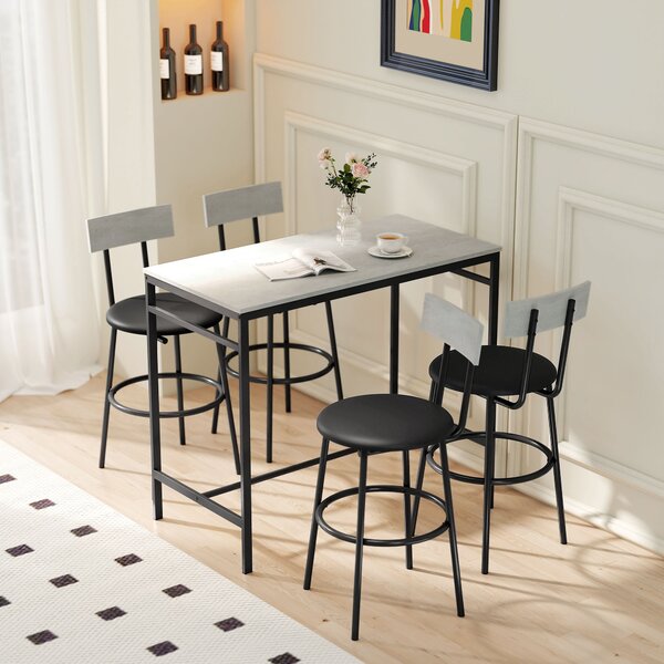 HOMCOM Set Tavolo Alto e 4 Sgabelli da Bar con Schienale e Poggiapiedi in Stile Industriale, Grigio Cemento | Aosom Italy