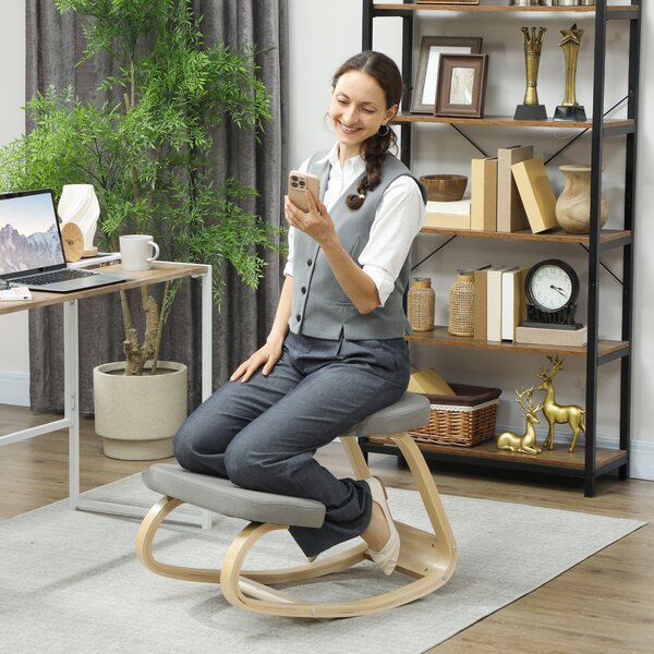 HOMCOM Sedia Inginocchiatoio con Movimento a Dondolo, in Tessuto e Legno di Betulla, 50x73x55 cm, Grigio | Aosom Italy