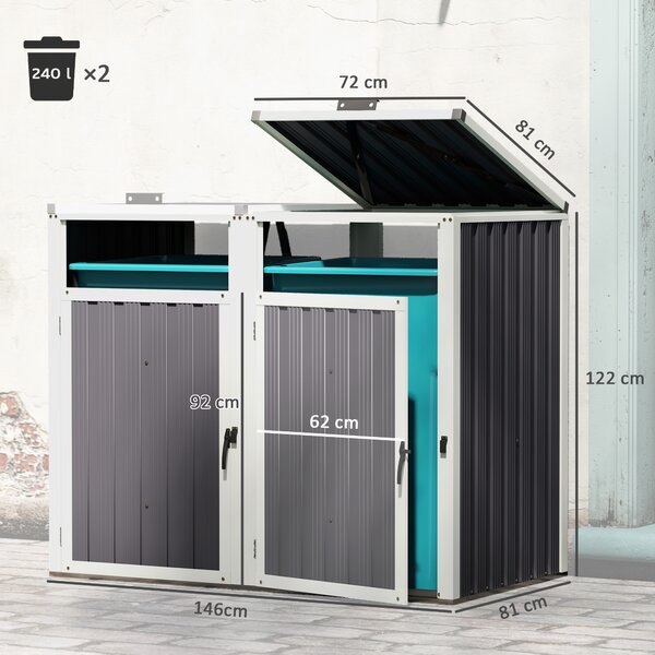 Outsunny Copri Bidoni Spazzatura a 2 Sezioni con Coperchio Sollevabile, in Acciaio Zincato, 146x81x122 cm, Grigio Scuro | Aosom Italy