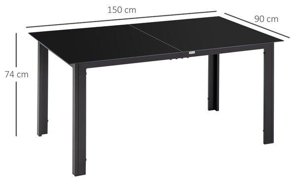 Outsunny Tavolo da Giardino con Piano in Vetro Temperato 150x90 cm per 6 Persone, Tavola da Pranzo da Esterno Rettangolare in Alluminio, per Patio, Terrazzo, Balcone, Nero | Aosom Italy
