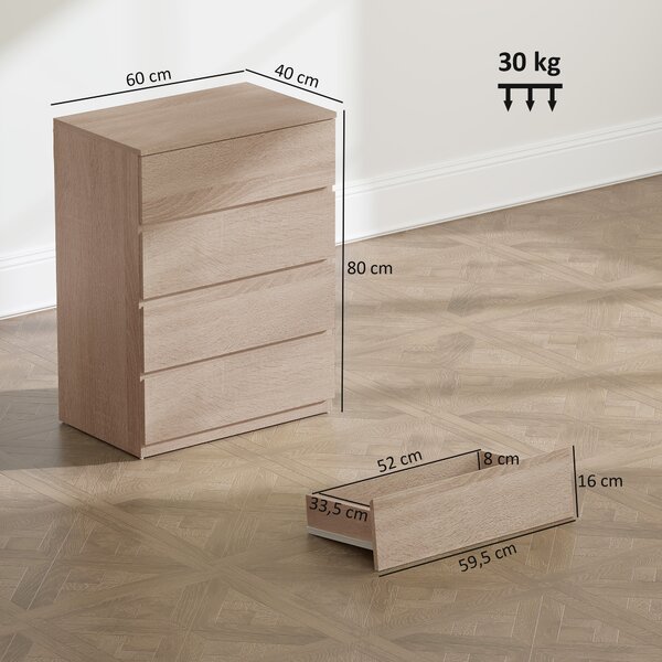 HOMCOM Cassettiera 4 Cassetti in Legno con Guide in Metallo e Maniglie Scanalate, 60x40x80 cm, color Faggio | Aosom Italy