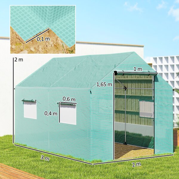 Outsunny Serra a Tunnel 2x3x2 m con Porte e Finestre Avvolgibili e Tetto a Punta, in Acciaio e PE, Verde | Aosom Italy