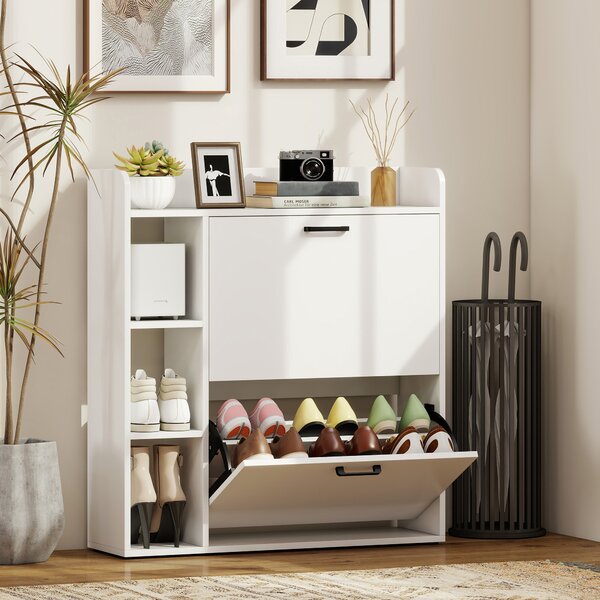 HOMCOM Scarpiera Slim con 2 Cassetti Ribaltabili e 3 Vani Aperti, Capacità 15 Scarpe, 83x24x90.5 cm, Bianco | Aosom Italy