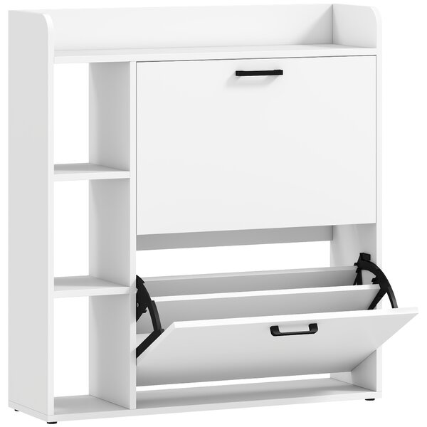 HOMCOM Scarpiera Slim con 2 Cassetti Ribaltabili e 3 Vani Aperti, Capacità 15 Scarpe, 83x24x90.5 cm, Bianco | Aosom Italy