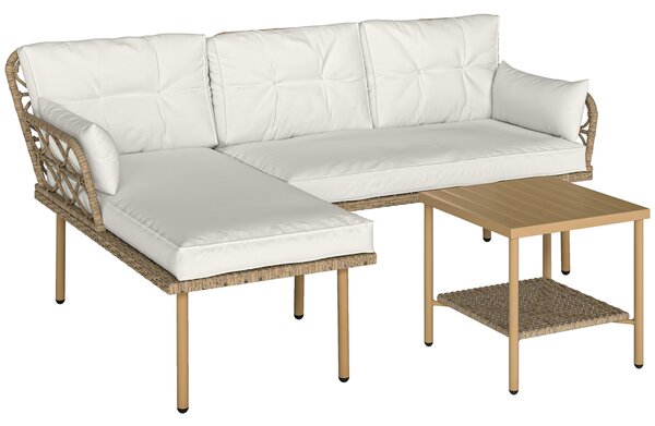 Outsunny Set da Giardino 3pz con Chaise Longue, Divanetto, Cuscini e Tavolino, in Rattan e Acciaio, Bianco Crema e Legno | Aosom Italy