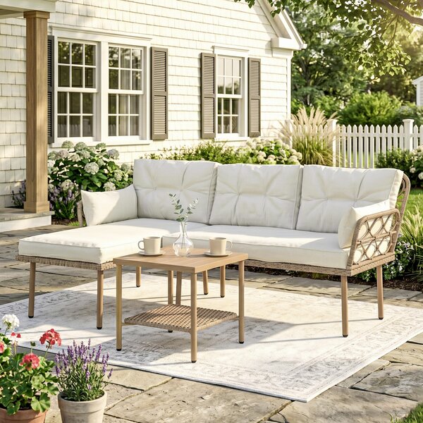 Outsunny Set da Giardino 3pz con Chaise Longue, Divanetto, Cuscini e Tavolino, in Rattan e Acciaio, Bianco Crema e Legno | Aosom Italy