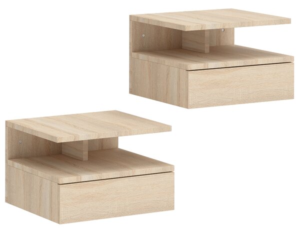 HOMCOM Set di 2 Comodini Sospesi con Cassetto e Mensola Aperta, 35x32x22.5 cm, Rovere | Aosom Italy