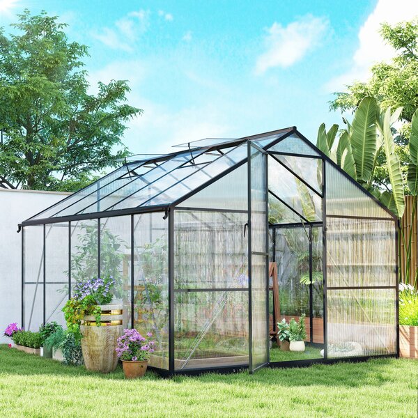 Outsunny Serra per Orto in PC e Alluminio con Porta a Battente e 2 Finestre Regolabili, 304x247x205 cm, Nero | Aosom Italy