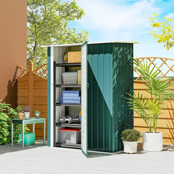 Outsunny Casetta da Giardino con Tetto Inclinato e Porta Bloccabile, Capanno Porta Attrezzi in Metallo, 142x86x189 cm, Verde | Aosom Italy