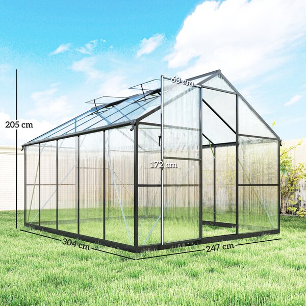 Outsunny Serra per Orto in PC e Alluminio con Porta a Battente e 2 Finestre Regolabili, 304x247x205 cm, Nero | Aosom Italy