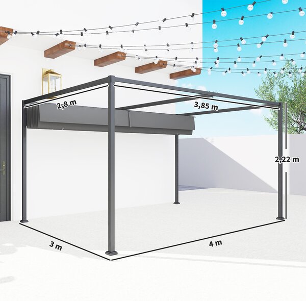 Outsunny Pergola Gazebo da Esterno 4x3 m con Tettuccio Retrattile in Metallo e Poliestere, Grigio Scuro | Aosom Italy