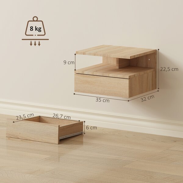 HOMCOM Set di 2 Comodini Sospesi con Cassetto e Mensola Aperta, 35x32x22.5 cm, Rovere | Aosom Italy