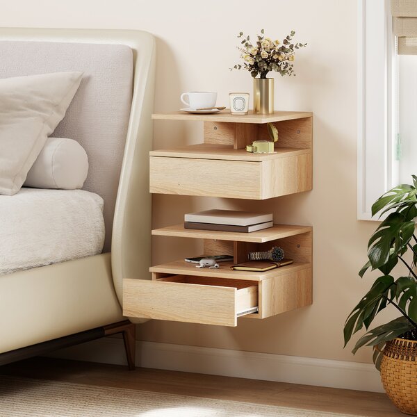 HOMCOM Set di 2 Comodini Sospesi con Cassetto e Mensola Aperta, 35x32x22.5 cm, Rovere | Aosom Italy