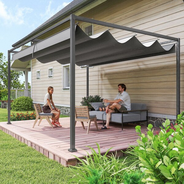 Outsunny Pergola Gazebo da Esterno 4x3 m con Tettuccio Retrattile in Metallo e Poliestere, Grigio Scuro | Aosom Italy