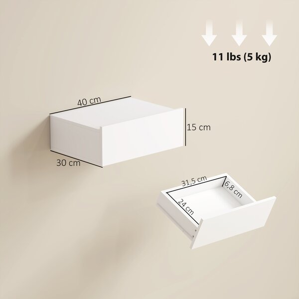 HOMCOM Set di 2 Comodini Sospesi Moderni con Cassetto in Legno, 40x30x15cm, Bianco | Aosom Italy