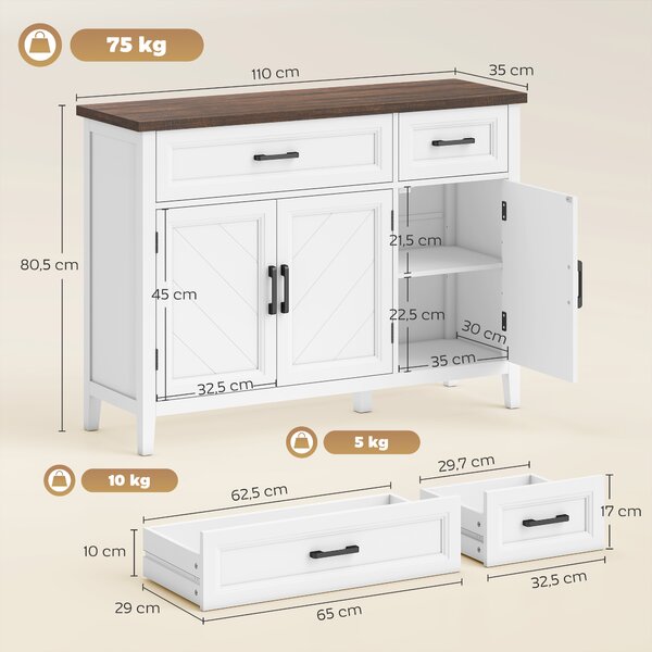 HOMCOM Credenza Cucina in Legno con 3 Ante a Fienili, 2 Cassetti e 2 Ripiani Regolabili, Bianco | Aosom Italy