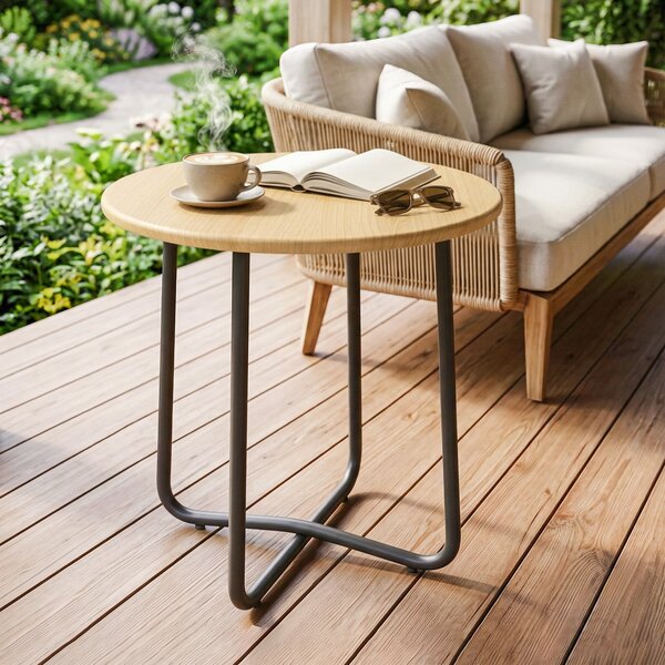 Outsunny Tavolino da Giardino Rotondo in Metallo, per Balcone e Terrazzo, Ø48x51 cm, Effetto Legno Naturale | Aosom Italy