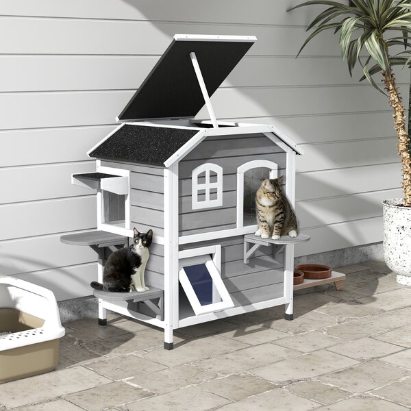 Casetta per Gatti da Esterno 99,5x76x91 cm con Tetto Apribile 2 Piani 4 Ingressi Base rialzata in Legno di Abete Grigio