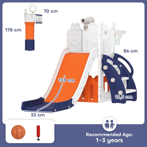 AIYAPLAY Set Scivolo per Bambini 5 in 1 con Canestro, Scaletta, Telescopio e Contenitori, Età 1-3 Anni, Blu scuro | Aosom Italy
