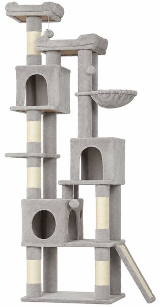 Albero Tiragraffi 60x40x200 cm con Pali in Sisal 2 Cucce 3 Casette e Amaca in Truciolare e Peluche Grigio Chiaro