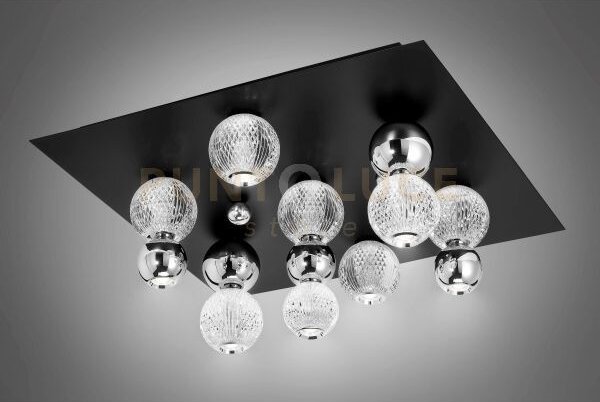 Brillante plafoniera quadrata nera con sfere cromate, led 40w, lume