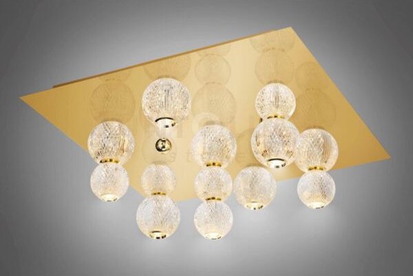 Diamante plafoniera quadrata, acrilico trasparente, cornice oro bri